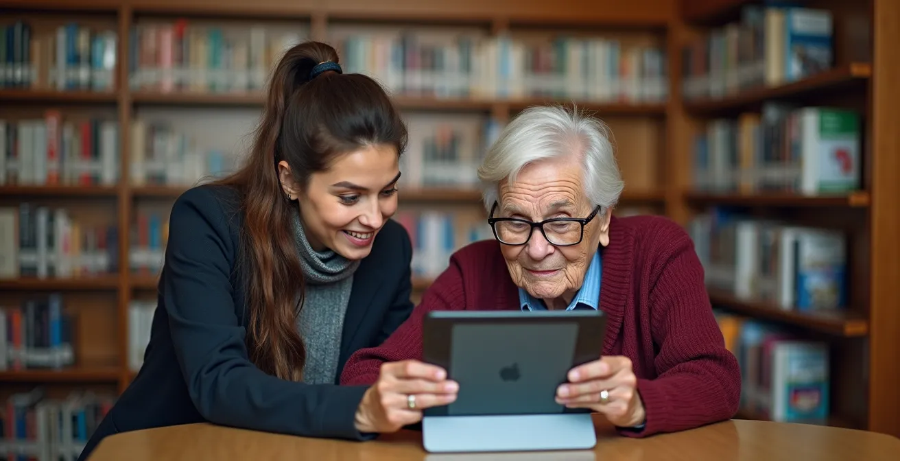 Accompagnement d'une personne âgée pour l'utilisation d'une tablette dans une bibliothèque québécoise