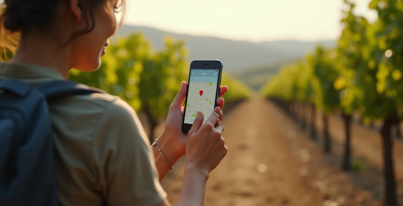 Randonneur consultant une application mobile sur un sentier entre les vignes avec vue sur le fleuve