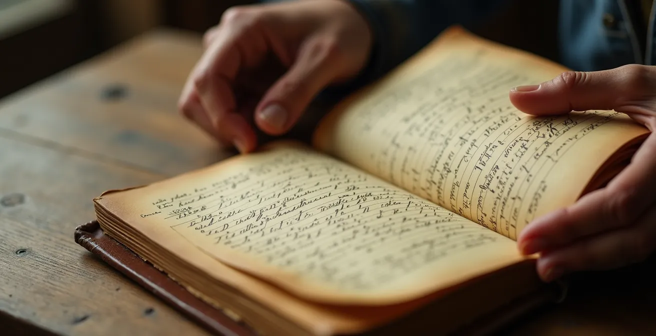Gros plan de mains consultant délicatement un registre paroissial ancien