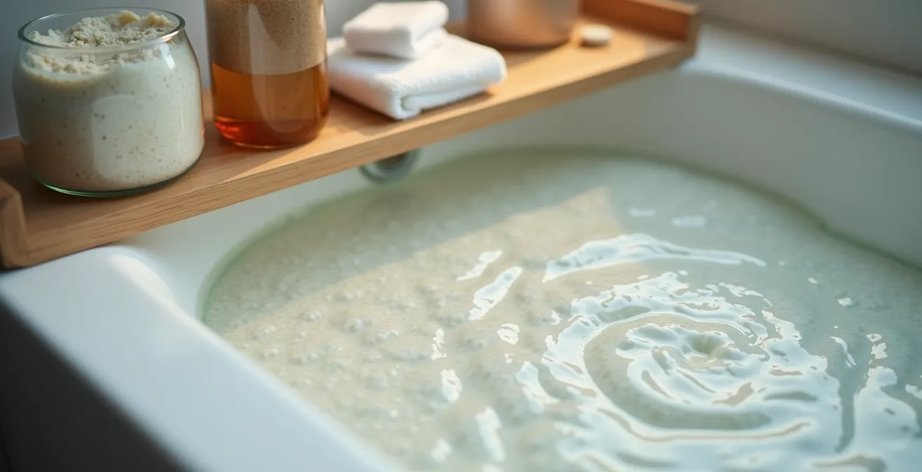 Baignoire avec eau tiède et huile d'avoine créant une texture laiteuse apaisante