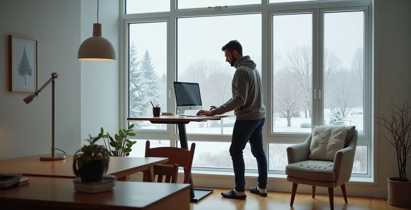 Bureau de télétravail québécois avec station debout ajustable, vue sur paysage enneigé, personne faisant une pause active