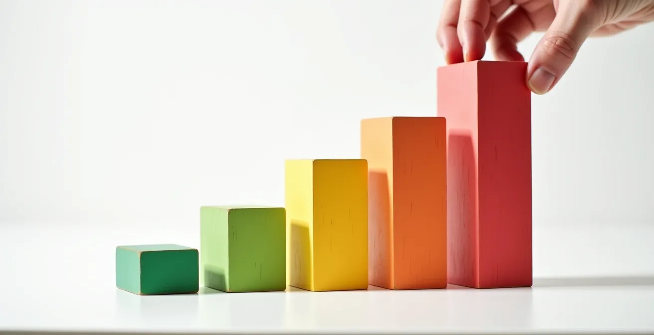 Graphique 3D illustrant les paliers progressifs de taxation municipale au Québec, montrant des blocs de bois de hauteurs croissantes.