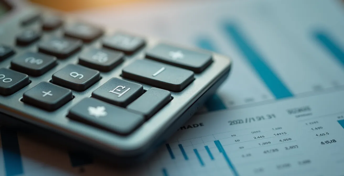 Gros plan sur une calculatrice financière avec des graphiques d'amortissement flous en arrière-plan