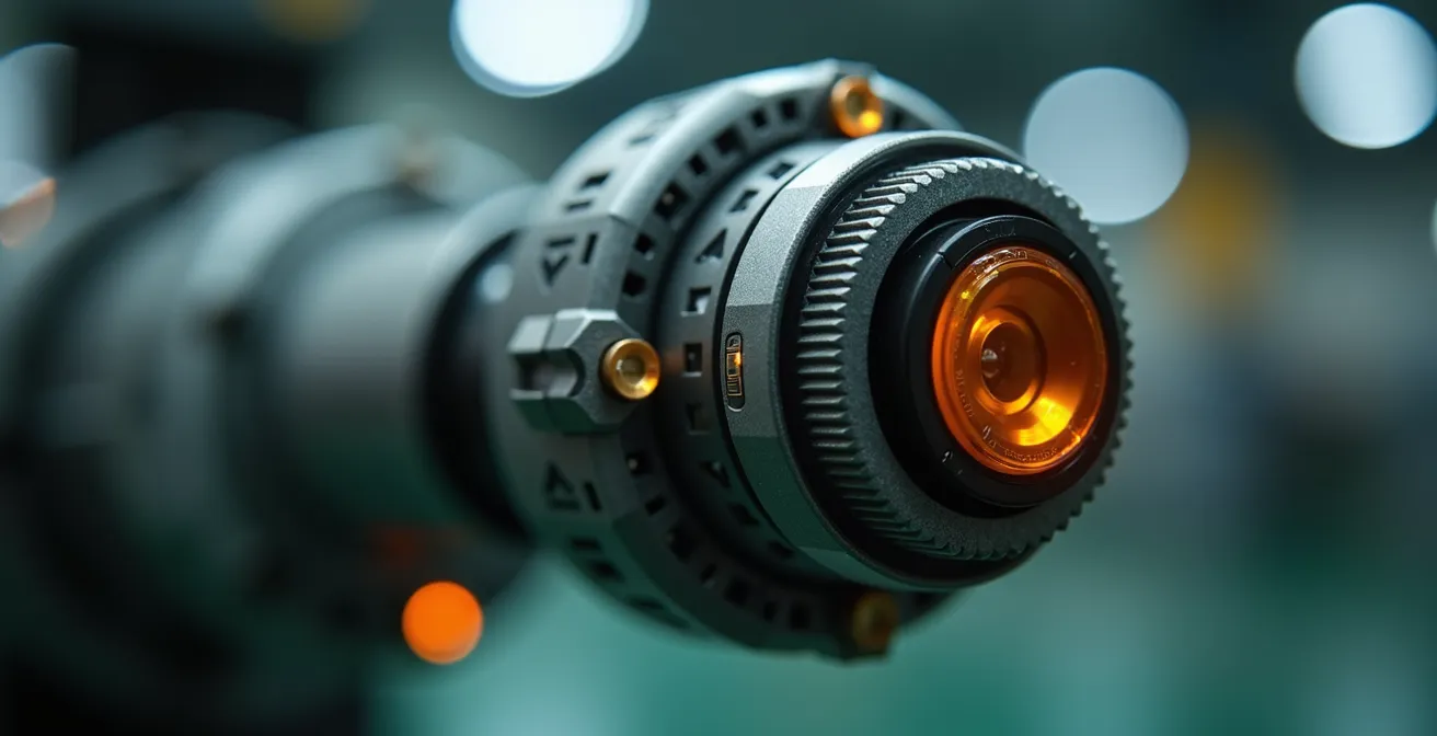 Gros plan sur des capteurs IoT installés sur un équipement robotique industriel avec indicateurs de vibration et température