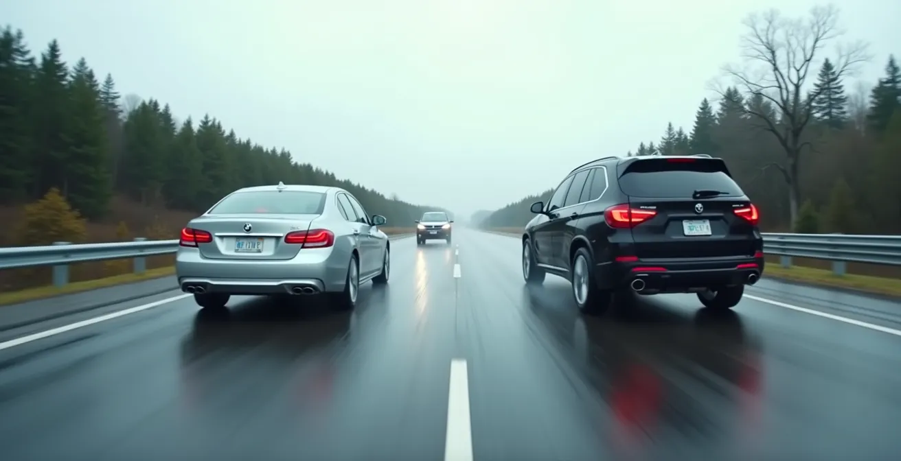 Comparaison schématique du centre de gravité entre berline et VUS en virage d'évitement