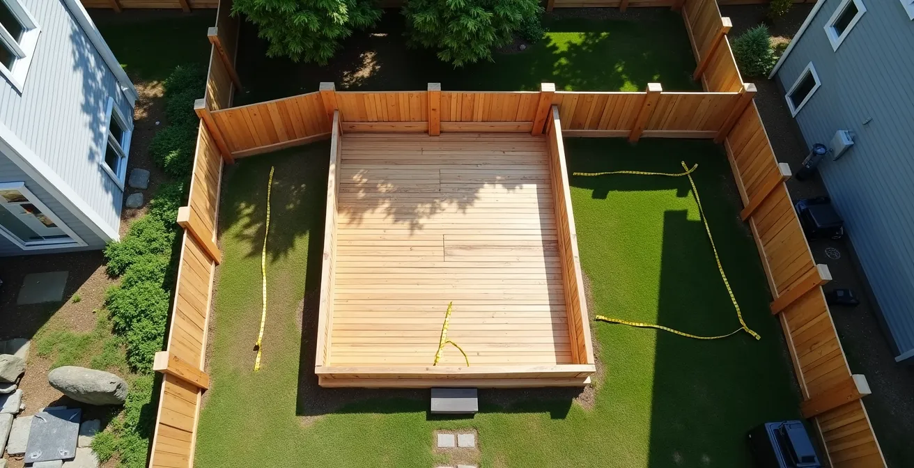 Vue aérienne d'une propriété québécoise montrant les lignes de propriété et un patio en construction respectant les marges de recul