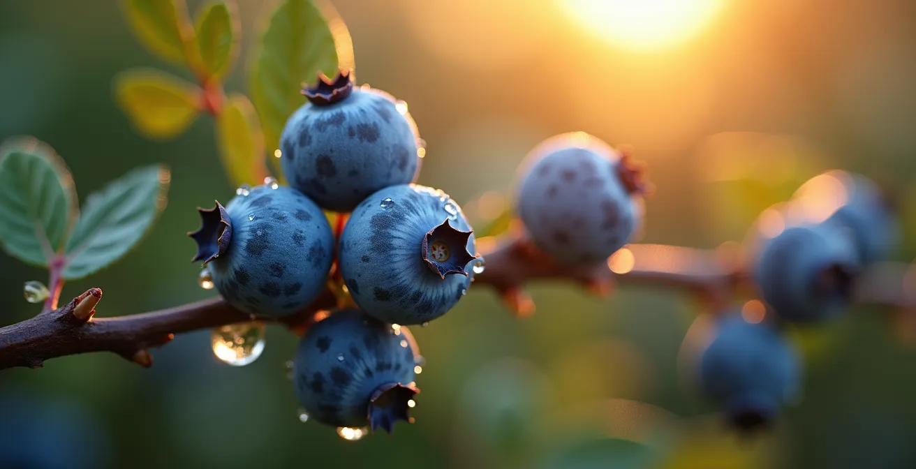 Champs de bleuets québécois dans la brume matinale avec les premiers rayons du soleil