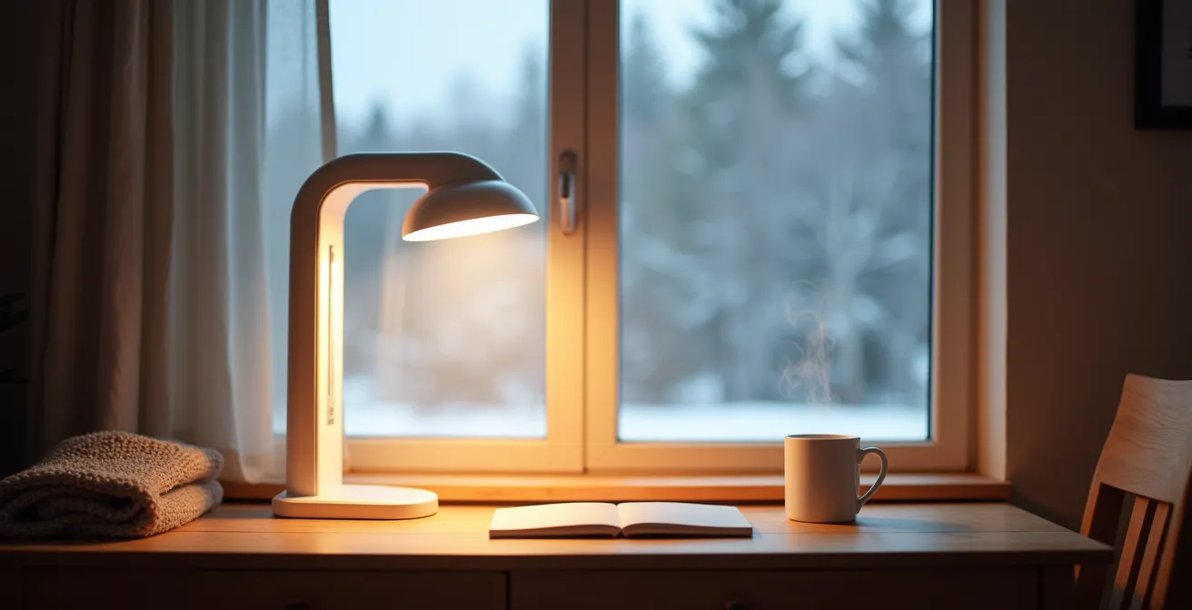 Lampe de luminothérapie et lunettes lumineuses sur bureau québécois en hiver