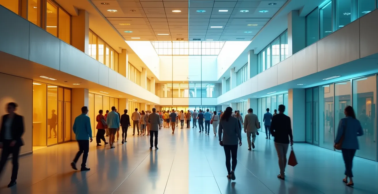 Vue en coupe d'un bâtiment médical divisé en deux sections montrant le flux de patients dans les systèmes privé et public