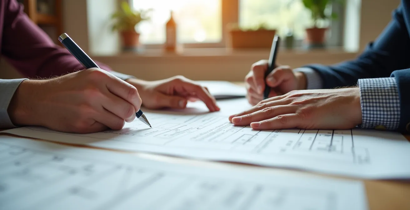 Signature d'un contrat de rénovation avec plans et devis sur table en bois