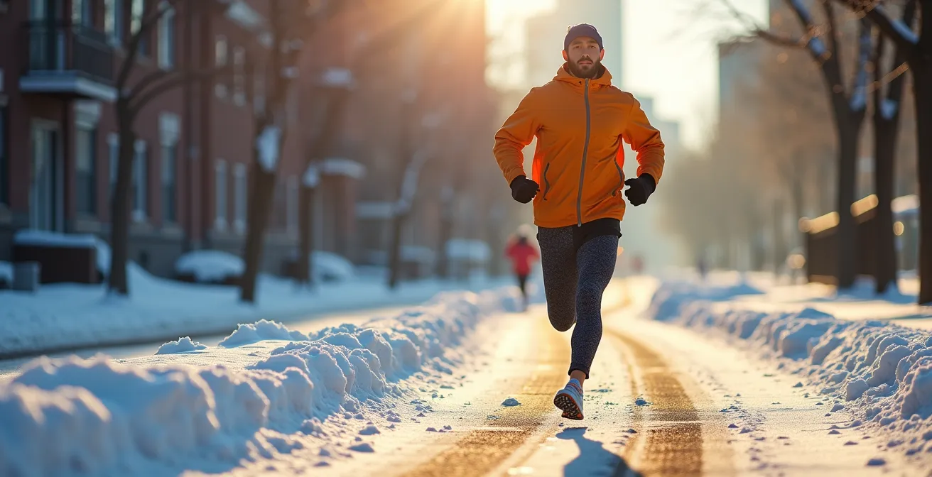 Coureur profitant de la lumière naturelle du midi en hiver sur un sentier urbain enneigé