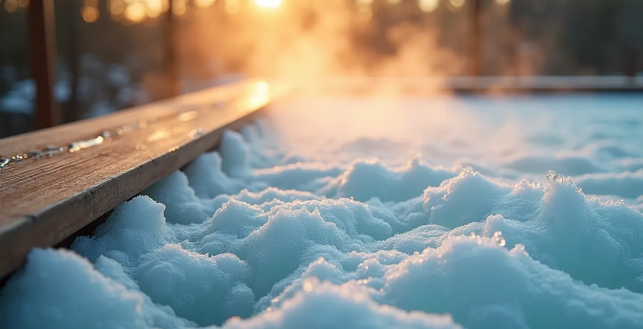 Gros plan sur l'eau glacée et la vapeur d'un bain nordique
