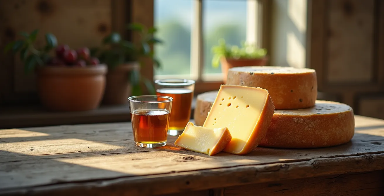Table rustique avec plateau de fromages québécois et cidre de glace