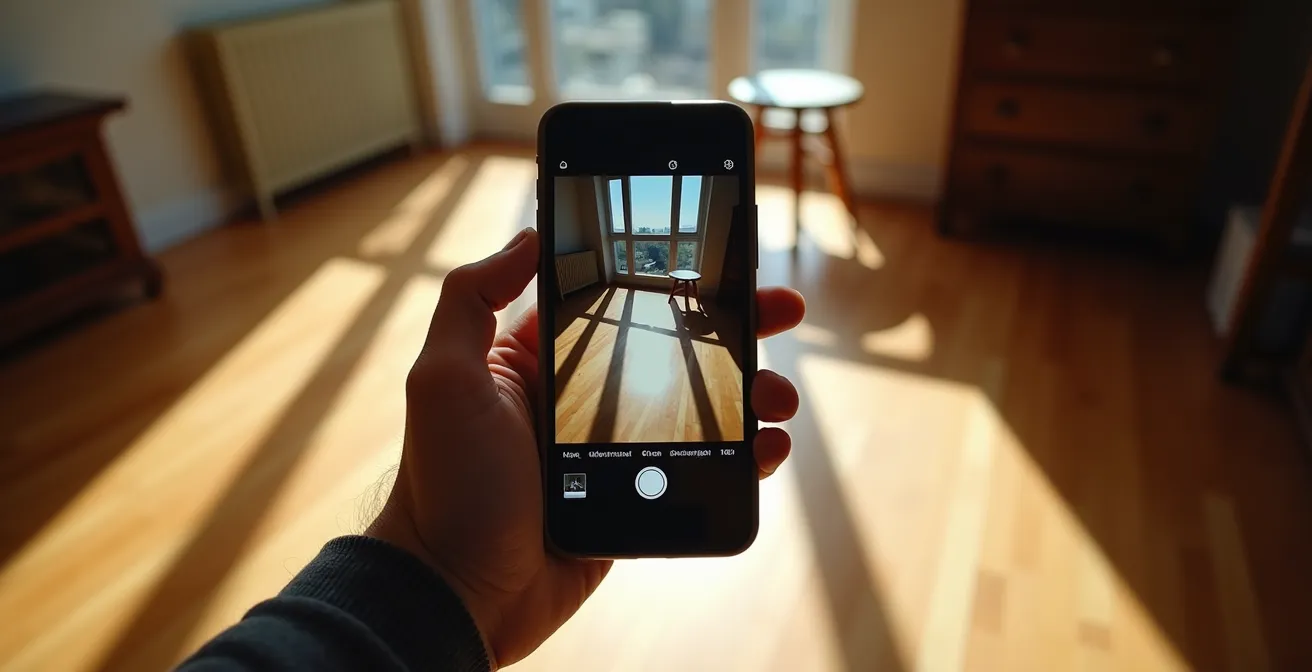 Personne photographiant l'intérieur d'un appartement vide avec un téléphone
