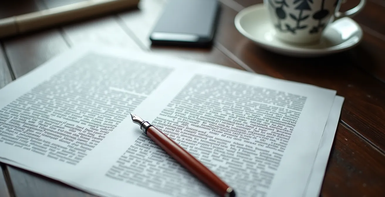 Vue en plongée de documents contractuels avec mise au point sélective sur les détails