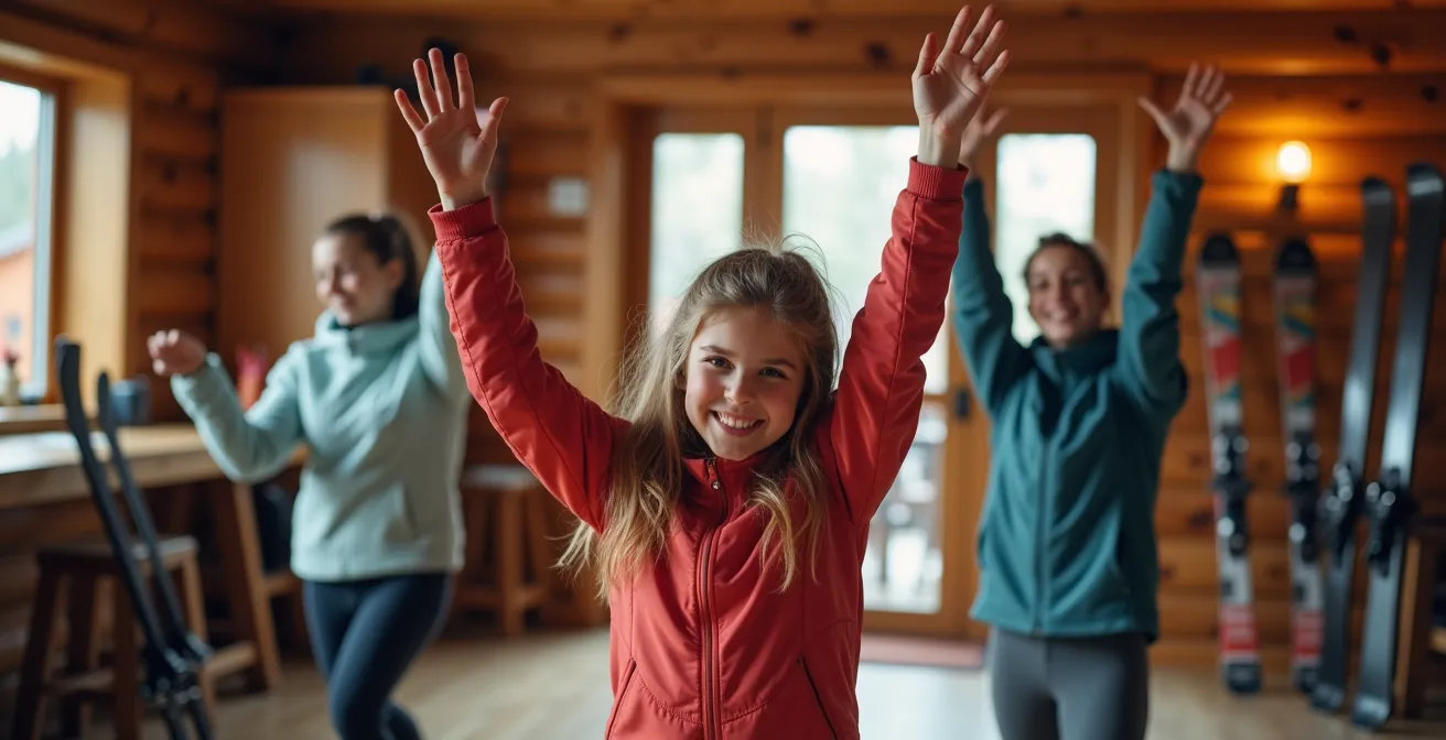 Famille effectuant des exercices d'échauffement dynamiques dans un chalet avec vue sur les pistes enneigées