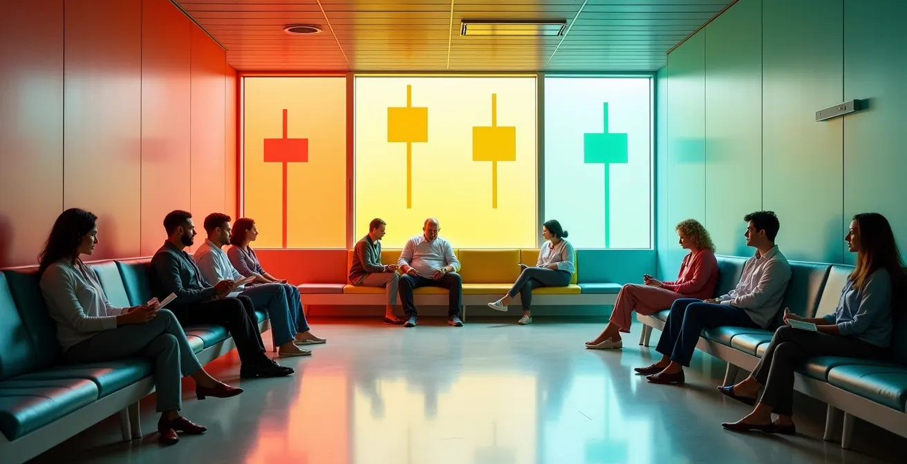 Salle d'attente d'urgence hospitalière avec différentes zones colorées représentant visuellement les niveaux de priorité du système de triage