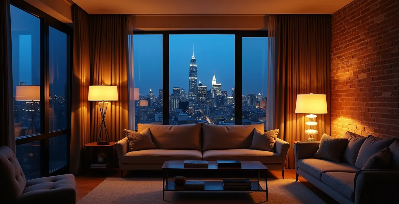 Salon montréalais en soirée avec trois niveaux d'éclairage créant une ambiance chaleureuse