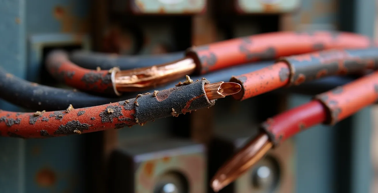 Gros plan technique sur un câblage électrique incorrect dans un panneau électrique résidentiel québécois