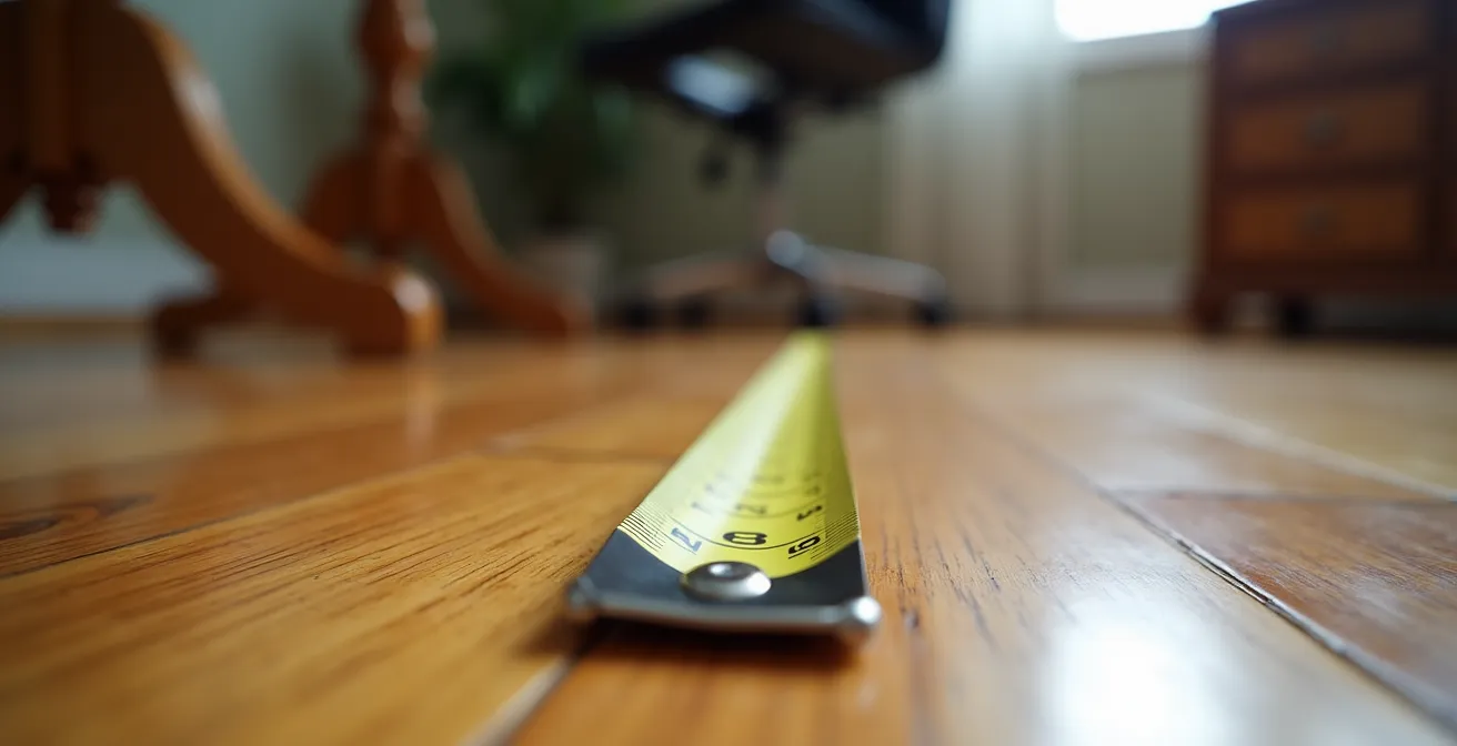 Bureau à domicile québécois avec ruban à mesurer indiquant le calcul précis de la superficie pour déduction fiscale