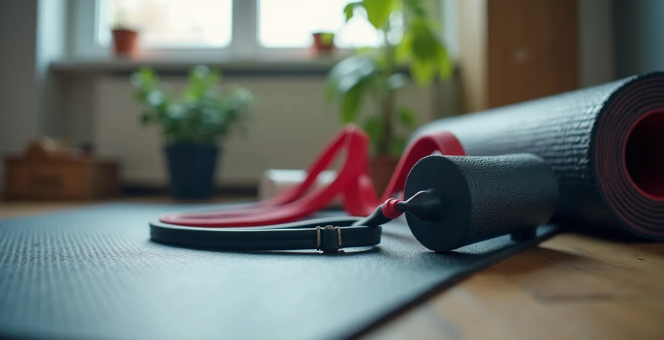 Configuration d'équipements de gym maison compacts avec bandes élastiques et accessoires pour stabilité