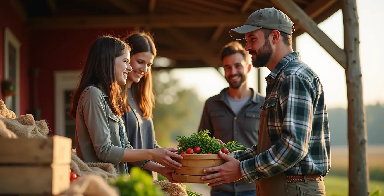 Producteur agricole québécois vendant ses produits directement à une famille dans le kiosque de sa ferme
