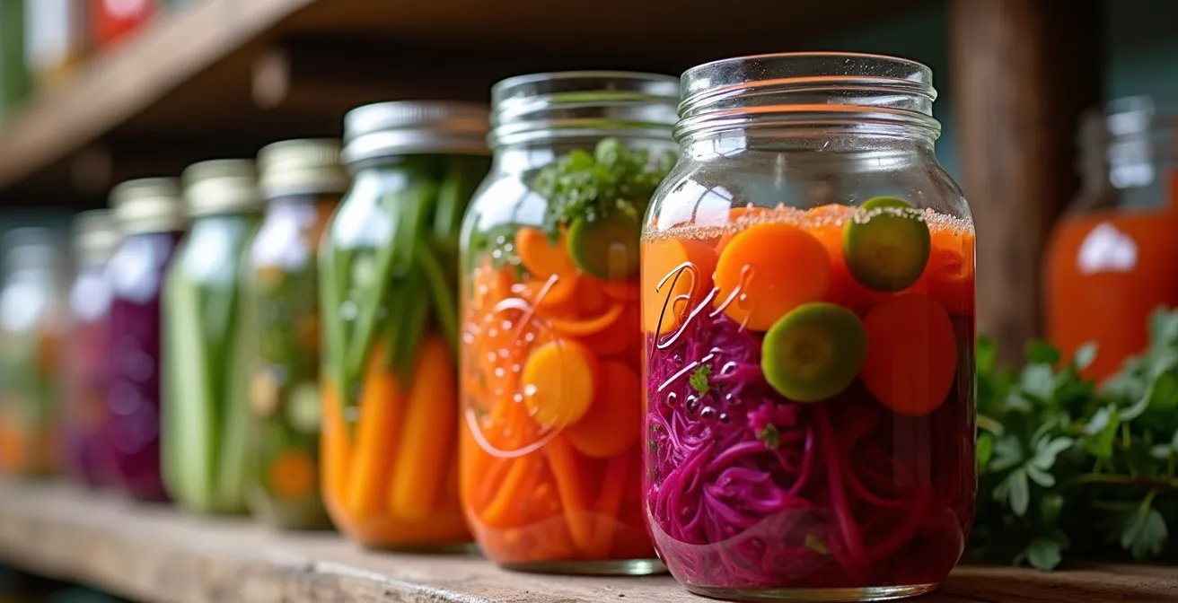 Bocaux de légumes fermentés colorés alignés sur une étagère de garde-manger québécois traditionnel
