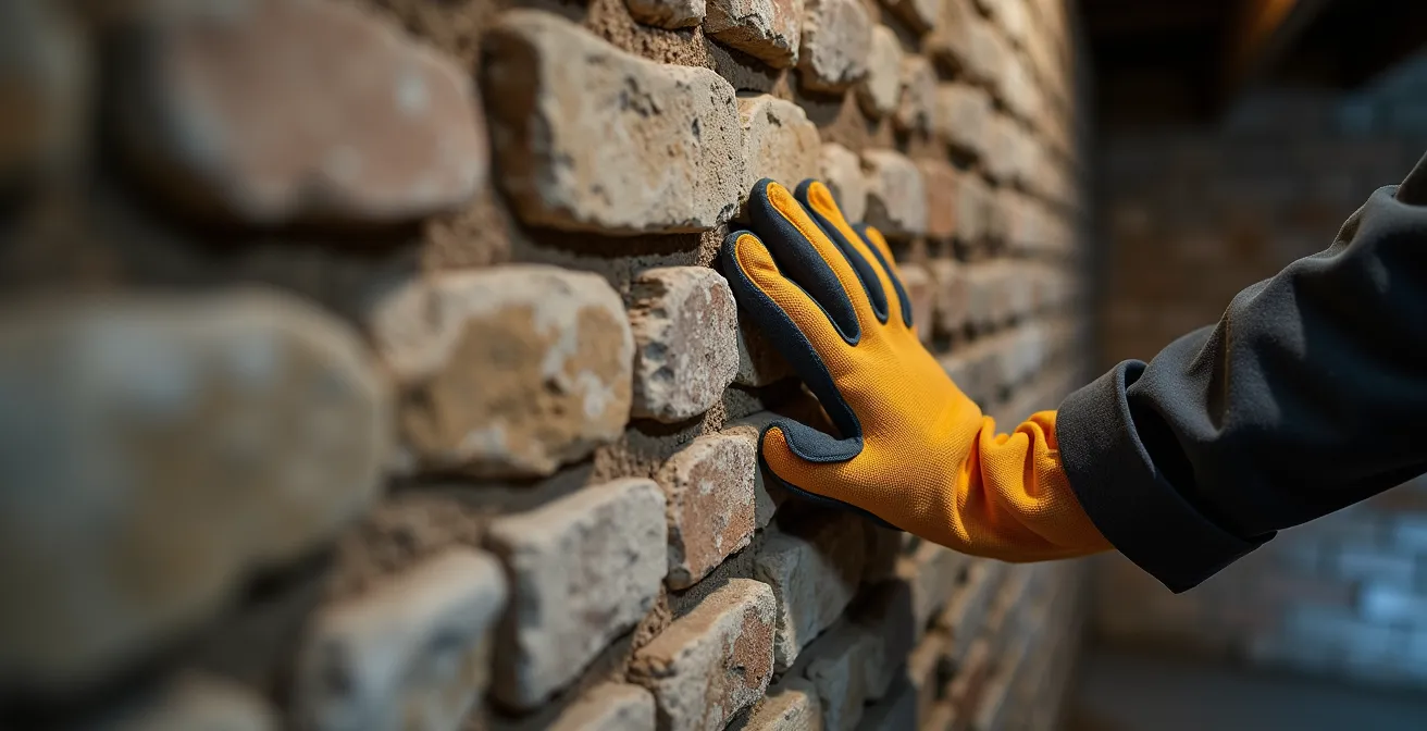 Détail d'une fondation en moellons d'un duplex centenaire montrant la texture de la pierre et le mortier