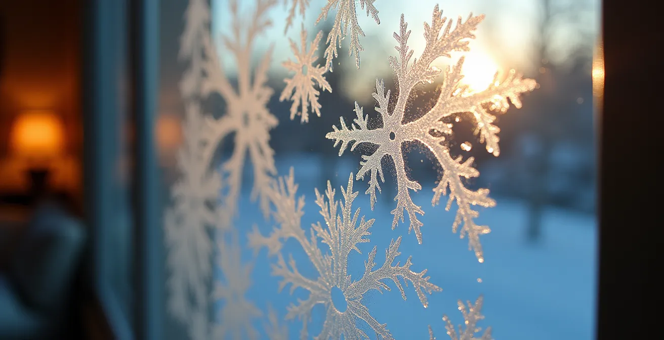 Gros plan sur une fenêtre résidentielle avec du givre formé à l'intérieur durant l'hiver québécois