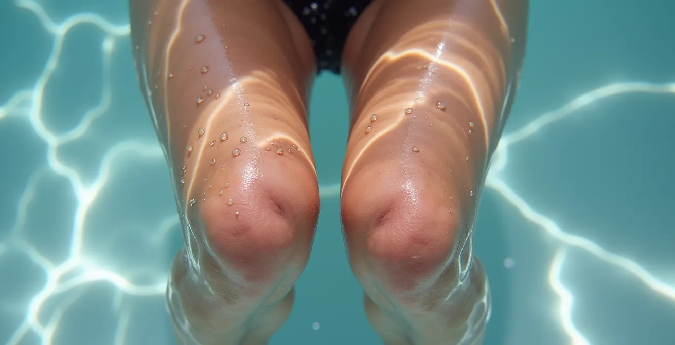 Détail en macro des jambes dans l'eau avec effet de vasoconstriction visible