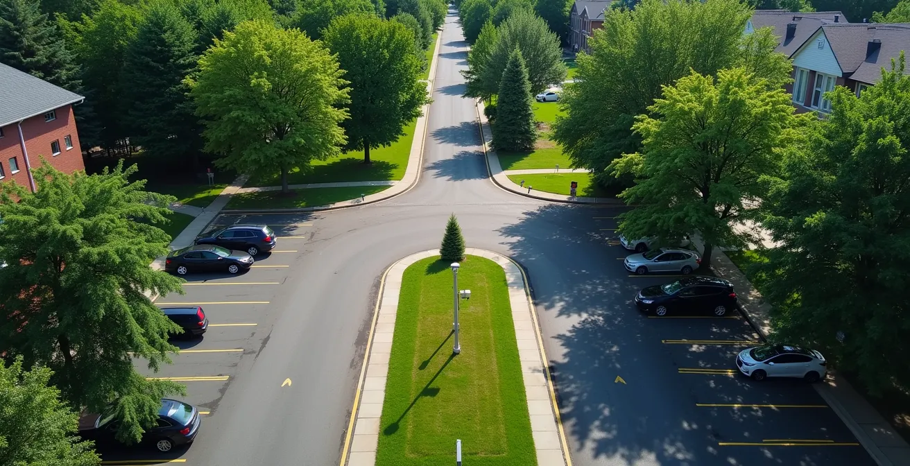 Vue aérienne contrastée montrant un îlot de chaleur urbain avec surfaces asphaltées et espaces verts