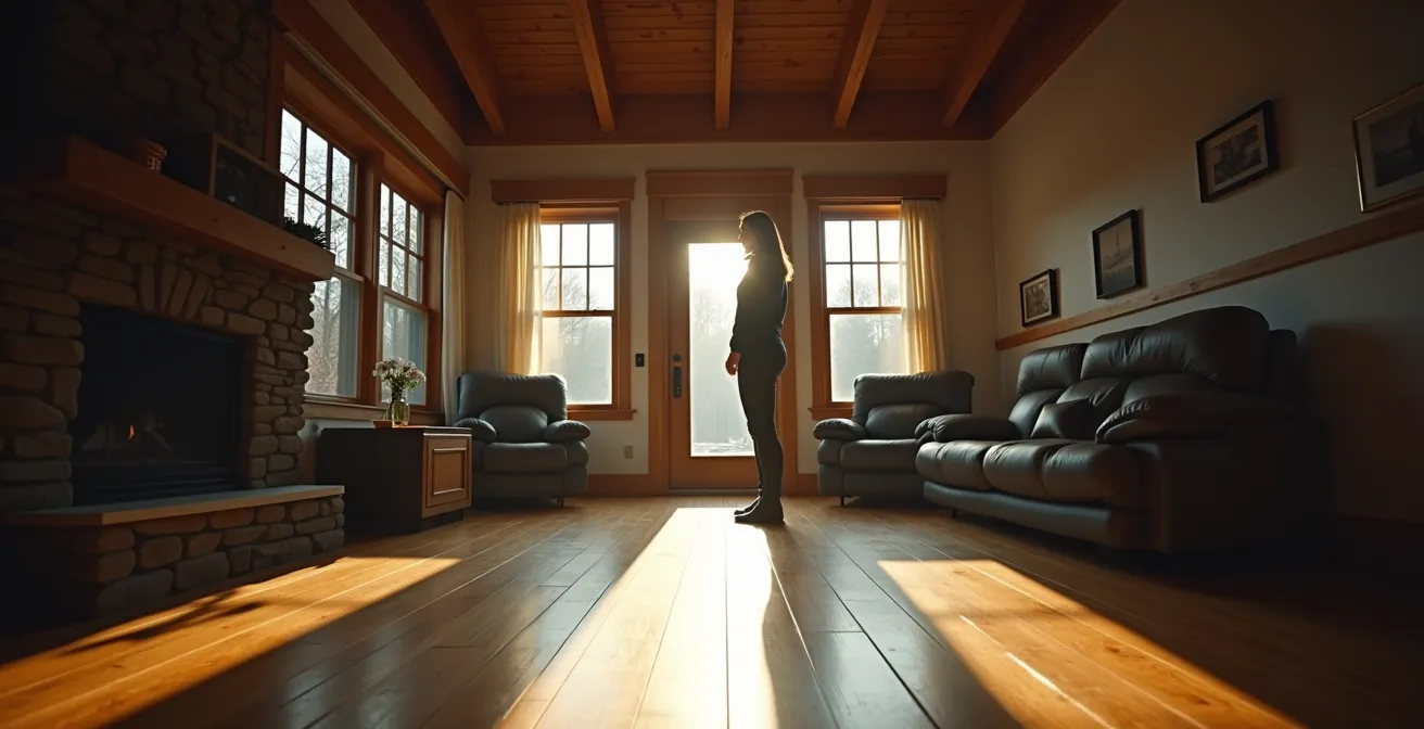 Vue grand angle d'un salon de chalet québécois avec lumière naturelle filtrant par les fenêtres, évoquant l'inspection à l'arrivée.