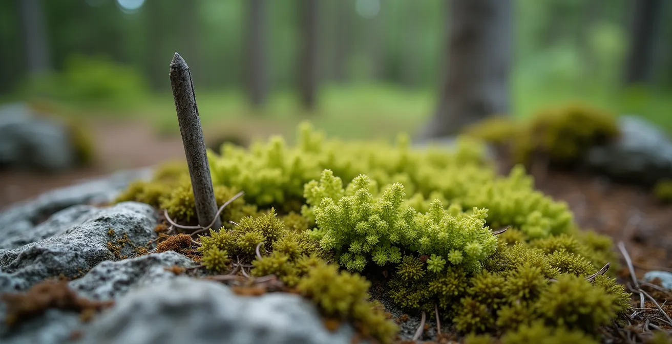 Tente installée sur un sol de roche nue dans une forêt boréale québécoise avec lichens et sphaigne visibles à proximité