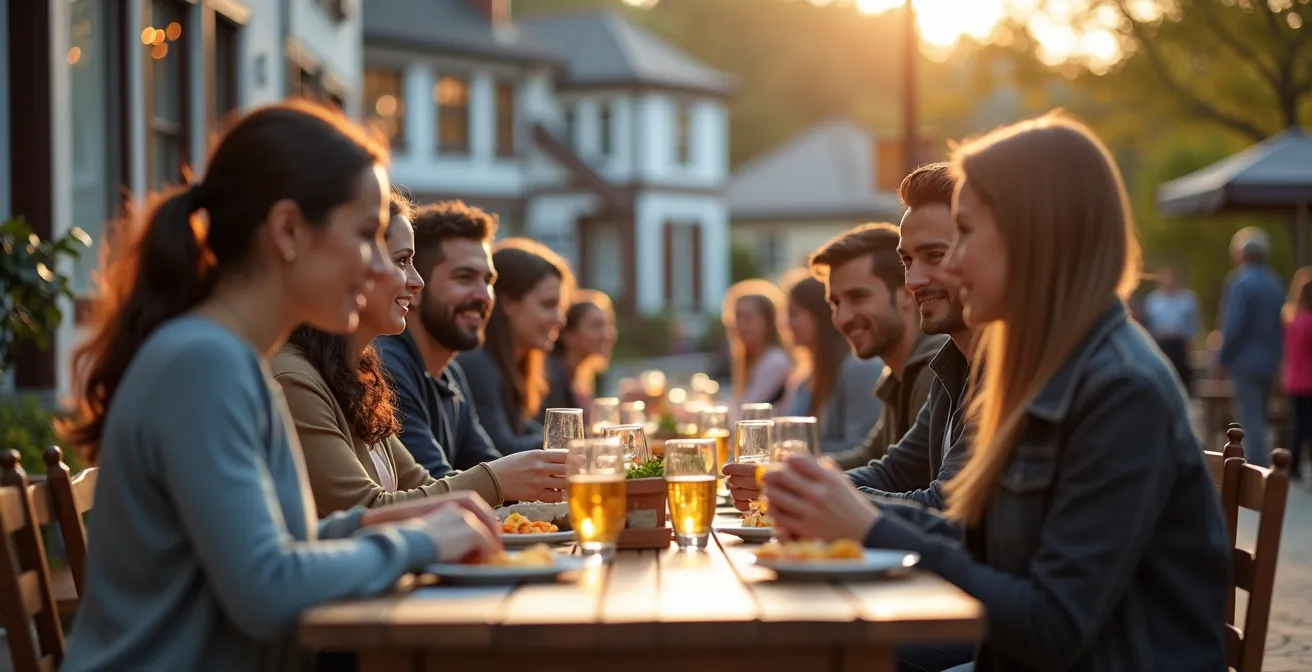 Groupe diversifié de personnes participant à une activité communautaire dans un village québécois, illustrant l'intégration sociale.