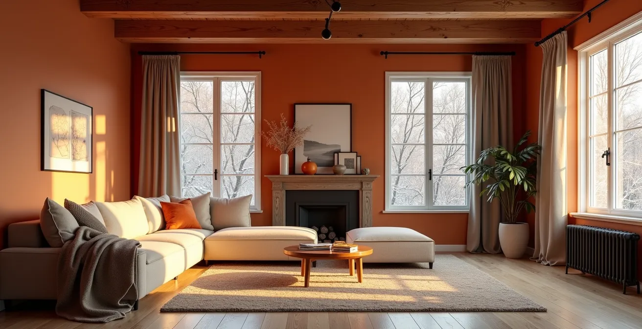 Salon québécois aux murs terracotta éclairé par lumière hivernale douce