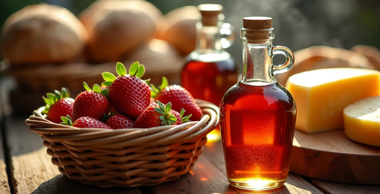 Étal de marché québécois avec produits du terroir et vendeurs locaux souriants