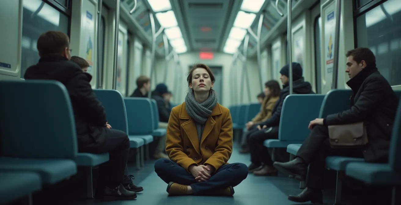 Vue grand angle d'un wagon de métro montréalais en hiver avec une personne méditant paisiblement