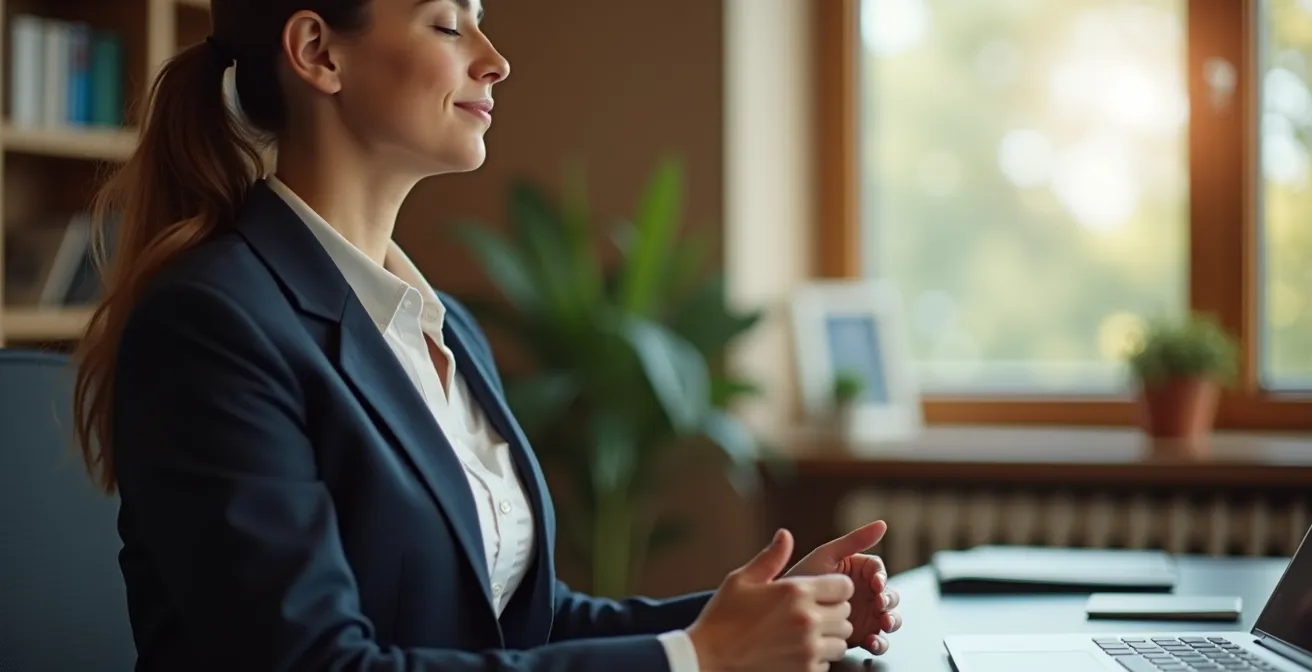 Personne pratiquant une micro-méditation discrète au bureau