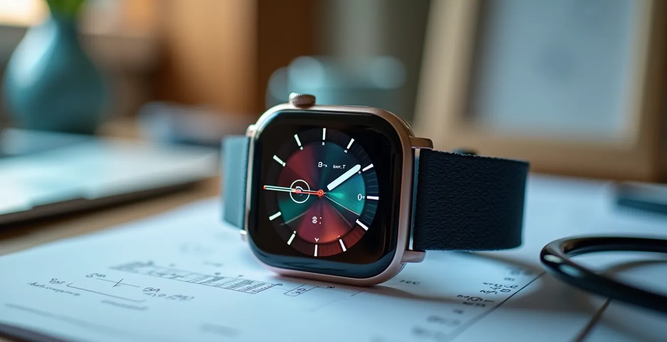 Montre connectée affichant des graphiques de santé sur bureau médical québécois