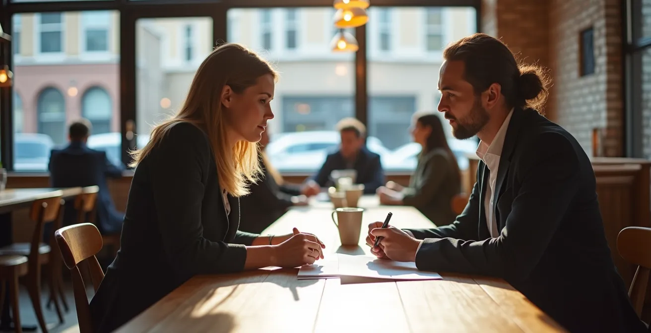 Deux personnes discutant autour de documents dans un café de Montréal