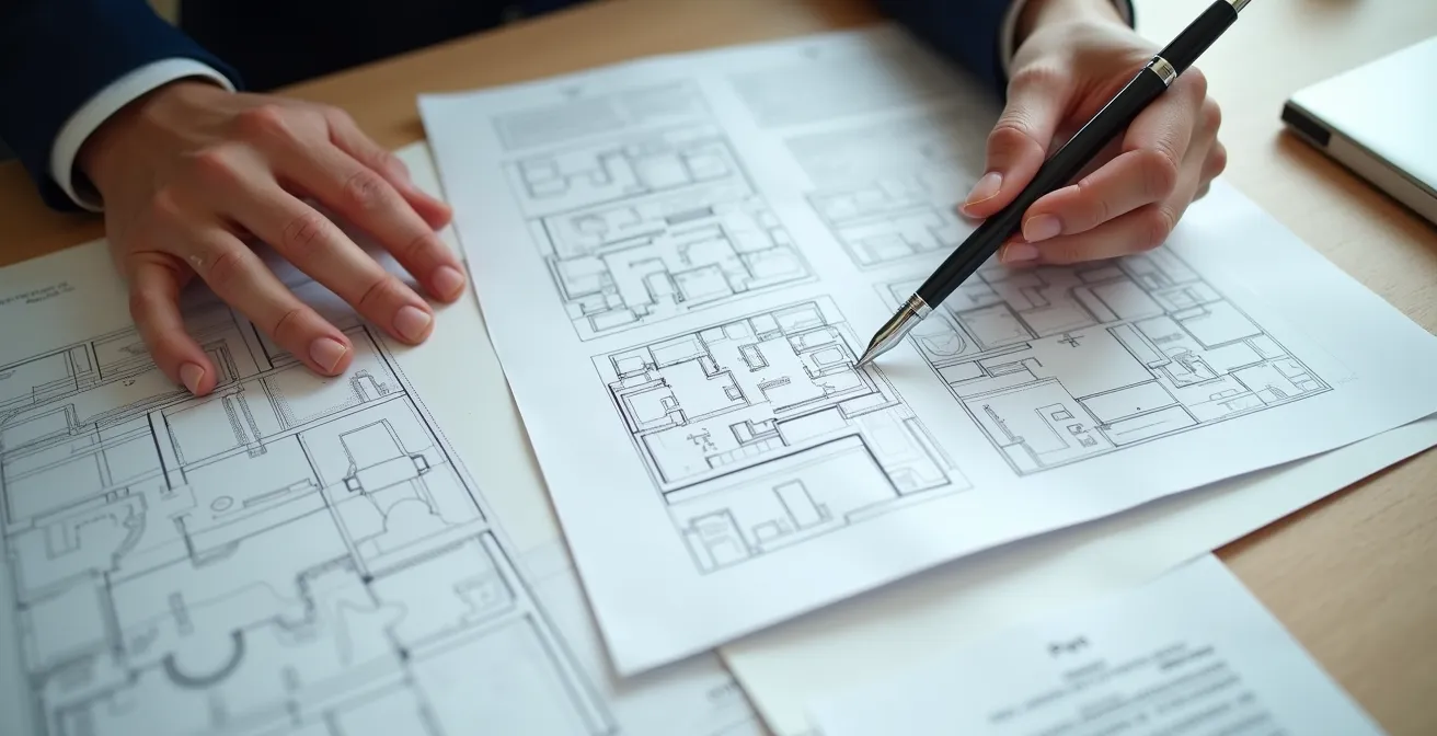 Vue aérienne de documents d'offre d'achat organisés sur un bureau avec un stylo et une calculatrice, symbolisant une préparation minutieuse.