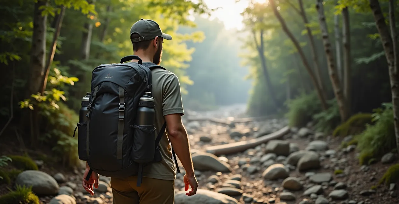 Sac à dos ouvert montrant l'organisation stratégique du matériel avec carte étanche visible dans la poche supérieure