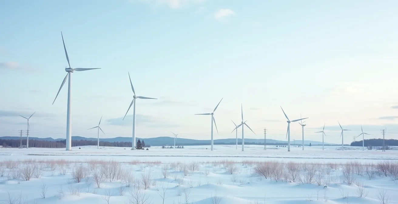 Éoliennes dans un paysage hivernal québécois avec lignes électriques en arrière-plan