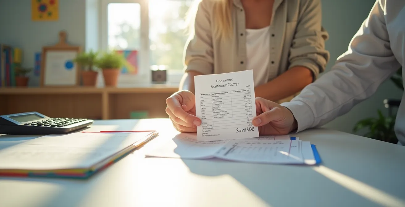Parent québécois organisant méthodiquement ses reçus de garderie et camps de jour avec un relevé 24 visible