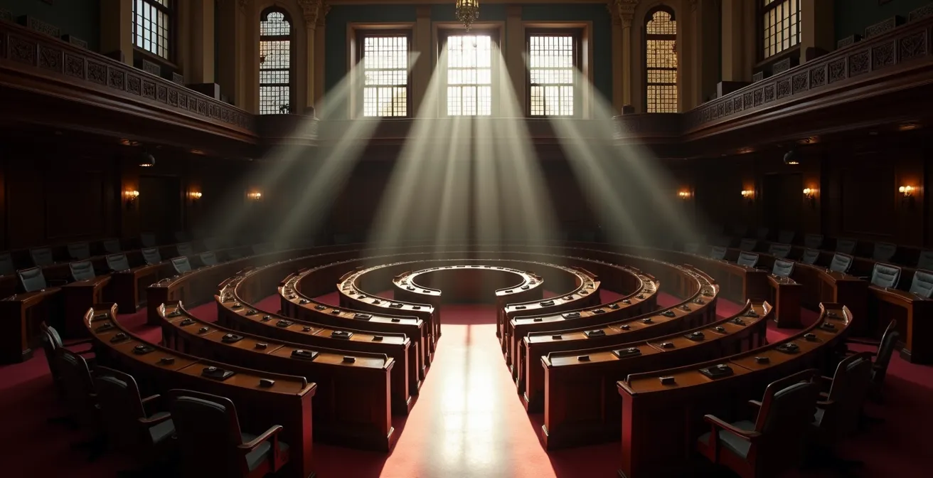 Vue intérieure majestueuse de la Chambre des communes du Canada avec effets lumineux abstraits symbolisant le débat sur l'IA