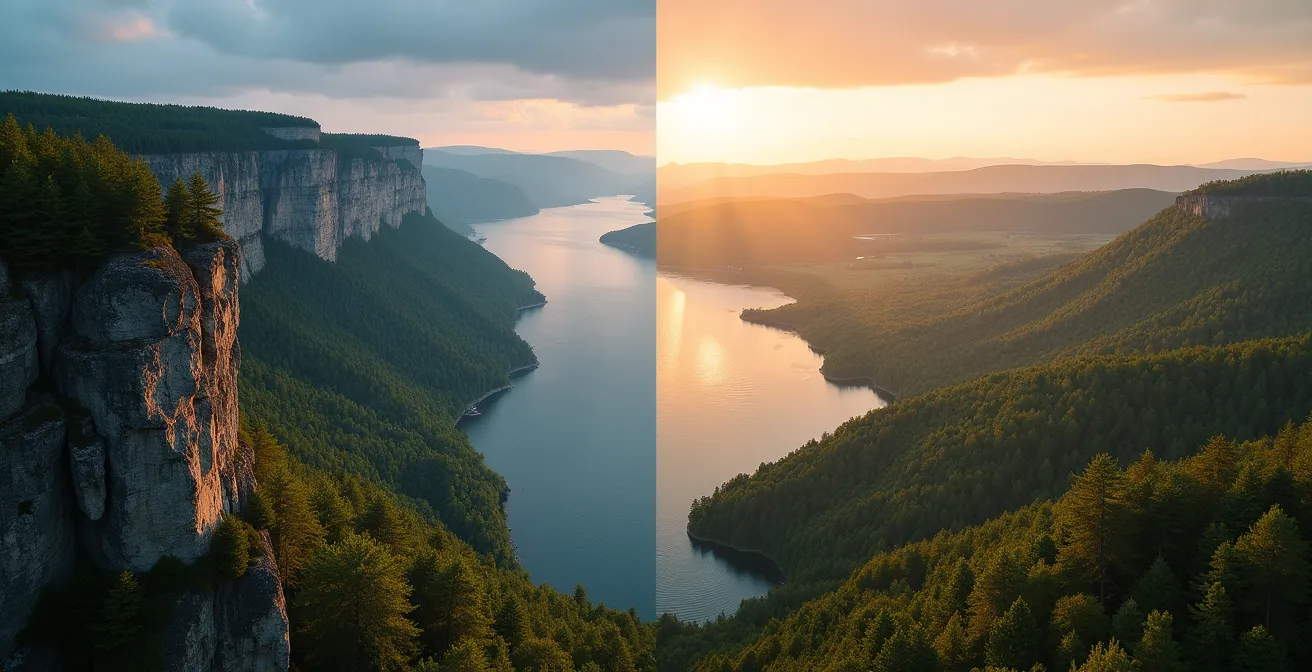 Vue comparative des paysages de Charlevoix et des Cantons-de-l'Est au Québec