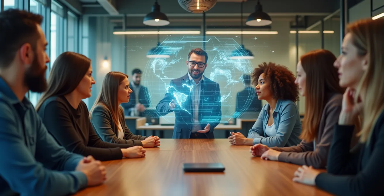 Entrepreneurs québécois travaillant ensemble autour d'une table holographique dans un espace de coworking moderne
