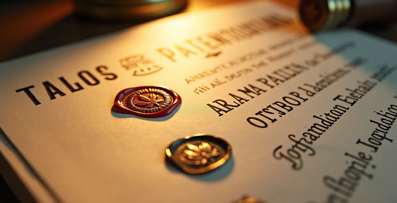 Gros plan macro sur des documents de brevet avec signatures et sceaux officiels