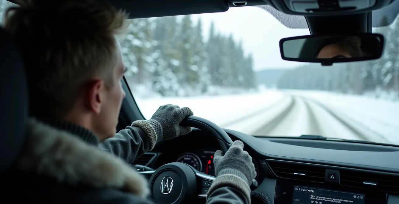 BMW M3 rouge navigant prudemment sur route enneigée des Laurentides en hiver