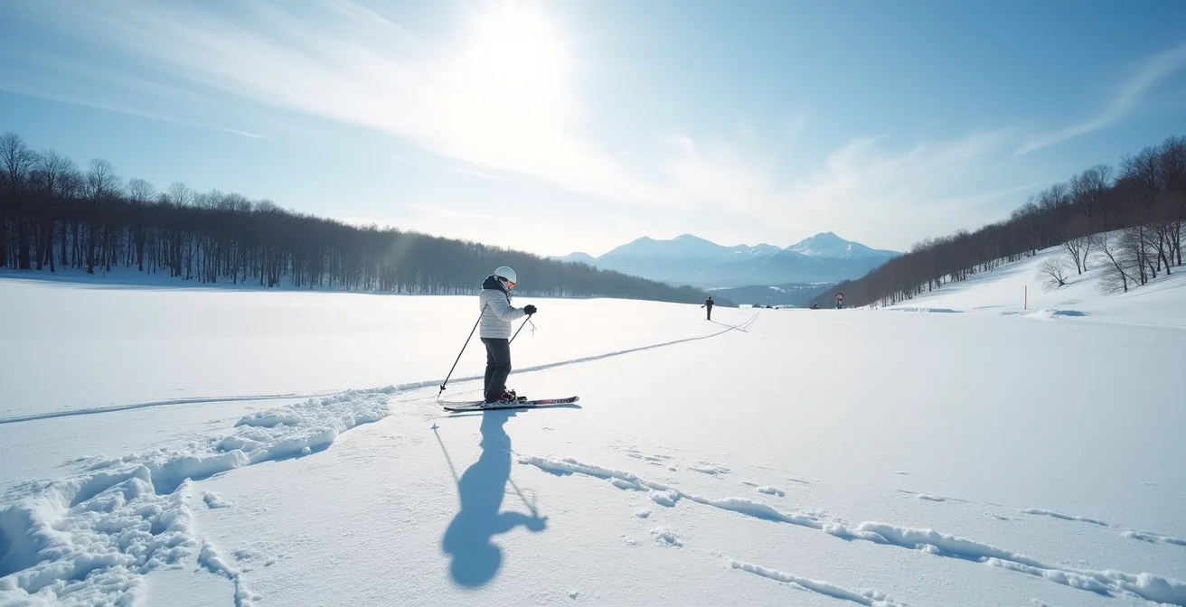 Paysage enneigé québécois montrant la réverbération intense du soleil sur la neige fraîche